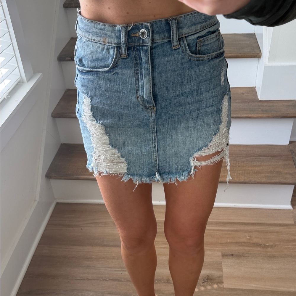 Sneak Peek Light Blue Distressed Denim Mini Skirt